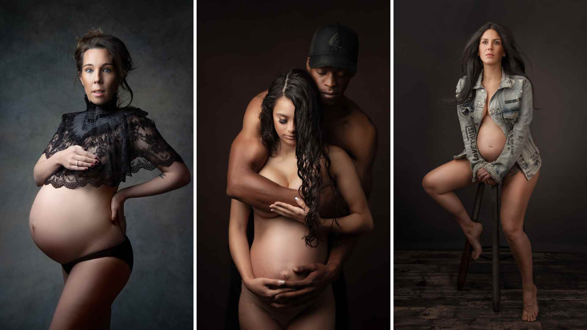 3 fine art images of maternity photography. shot against a dark backdrop with dramatic lighting