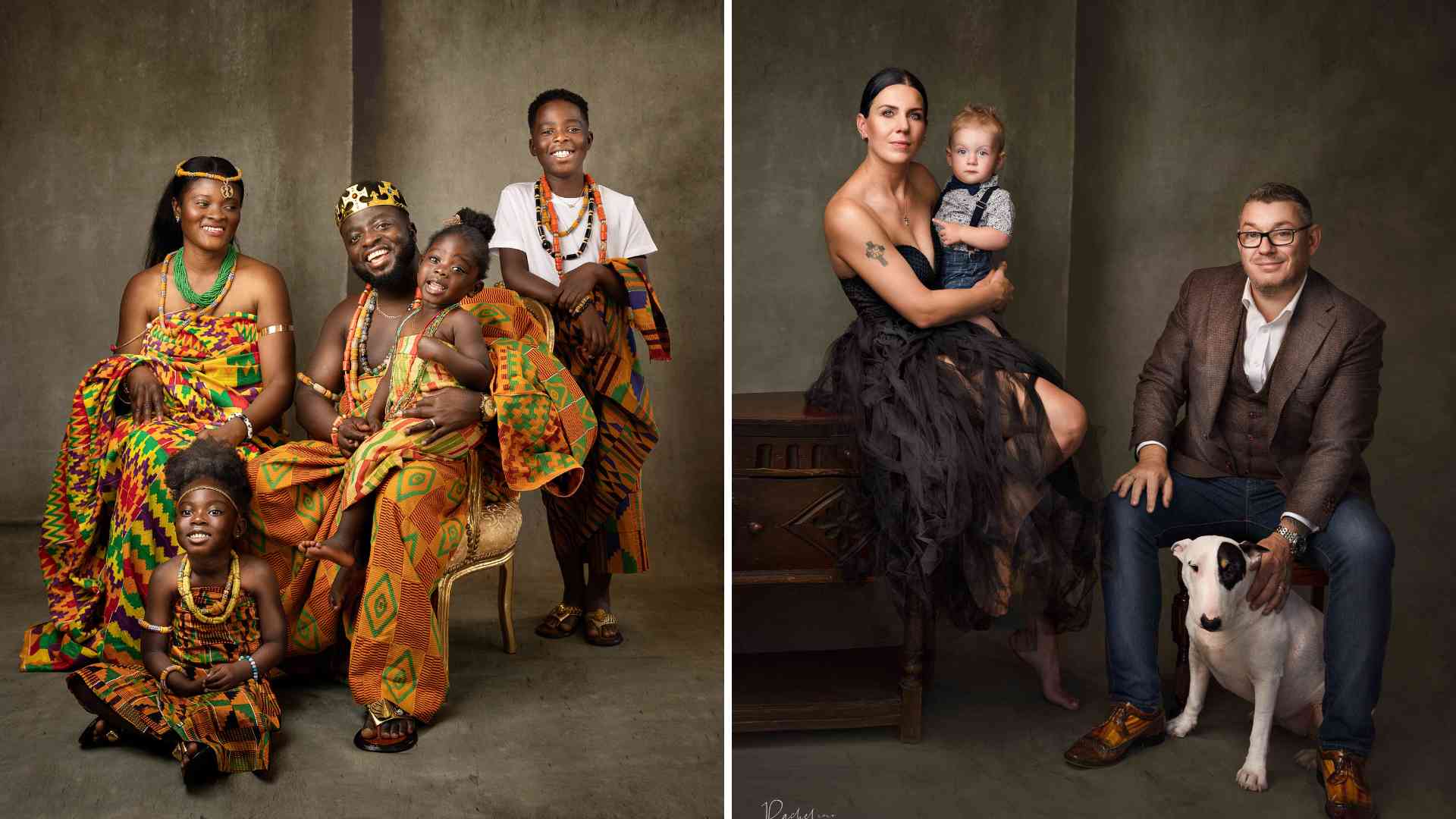 a beautiful family of 5 dressed in traditional Ghana dress on the left image and a family of 3 with their dog on the right