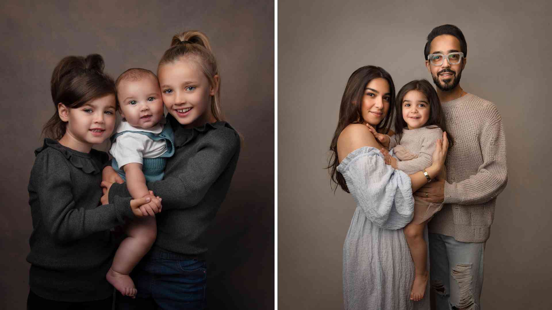 2 photos. one a family of 3 with their daughter and one is a baby boy with his big sisters 