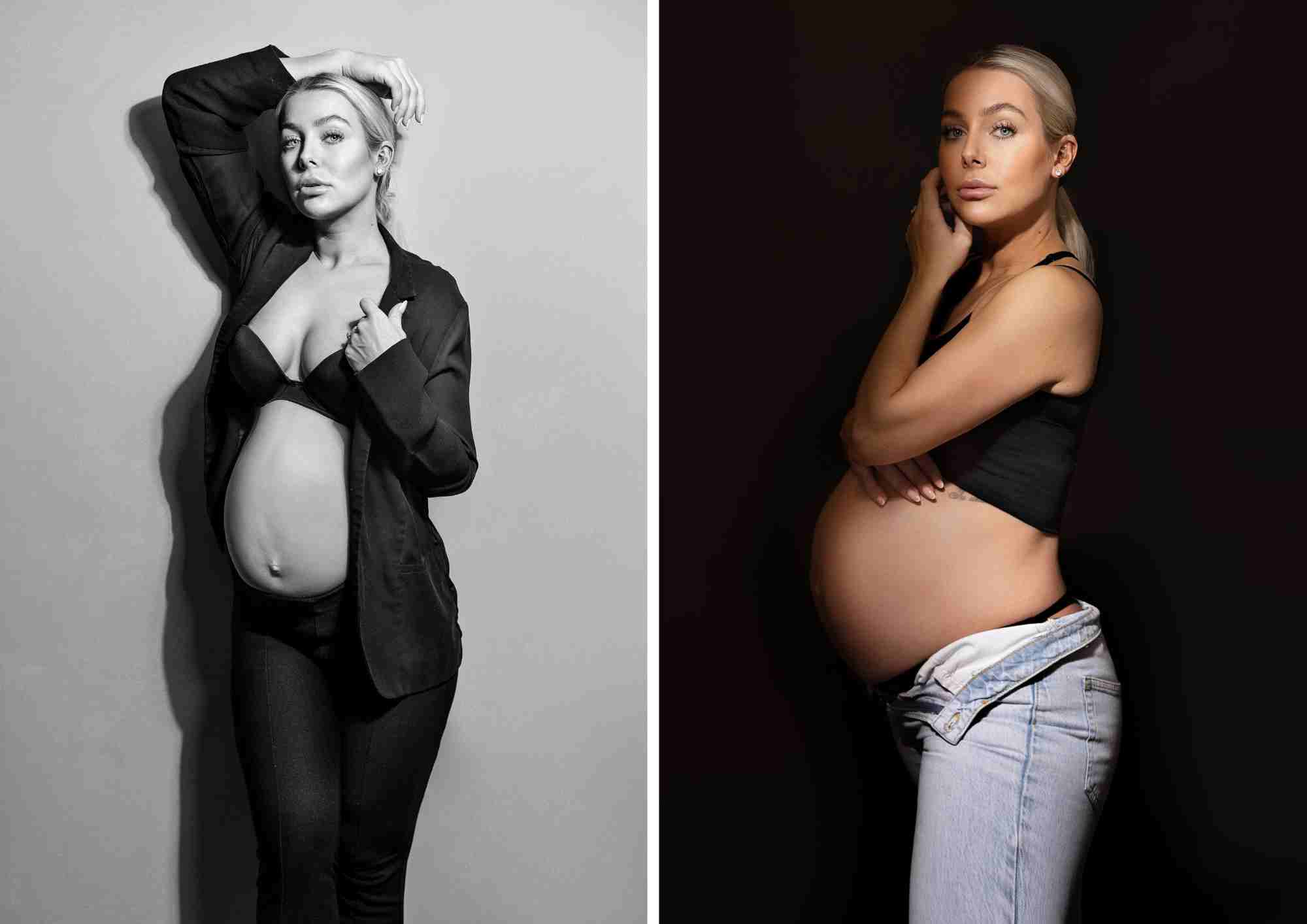 2 images of a beautiful pregnant women with 2 variations of light